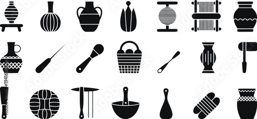 Black pottery and ceramics tools on white background