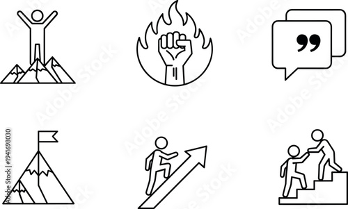 Motivation and Success Line Icon Set Featuring Victory on Mountain, Power Fist, Growth Progress, Mentorship Support, and Inspiration