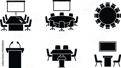 Conference Meeting Room and Boardroom Presentation Icon Set with Round Table, Podium and Business Discussion Symbols