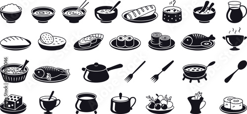 Black and white food with dishes and utensils restaurant