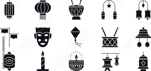 Black and white of lanterns masks and household candle