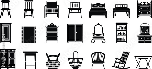 Black and white interior household decor furniture on white background