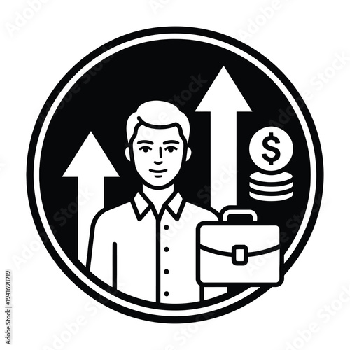 Businessman with briefcase and money symbols representing financial growth and success