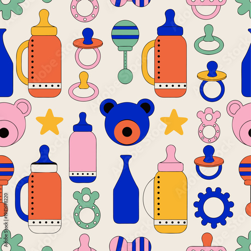 Seamless Baby Care Pattern with Feeding Bottles and Rattles, Modern Vector Background for Nursery Products, Infant Health Marketing, and Children's Apparel Design