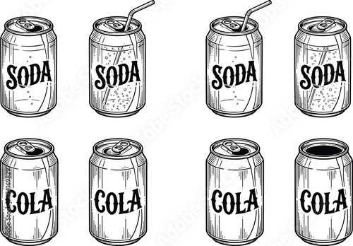 Vintage soda and cola aluminum can vector set with straw and open lid variations, retro beverage packaging illustration collection for drink branding and refreshment design.