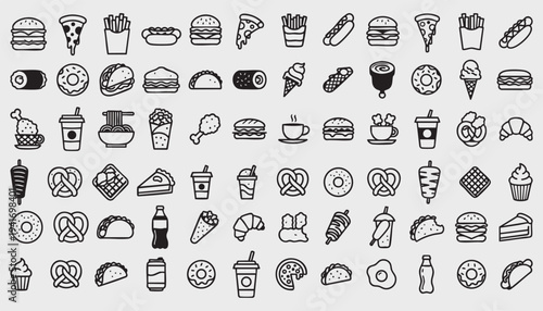 Set of Monochrome Fast Food and Junk Food Line Icons