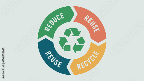 A colorful recycling symbol with reduce, reuse, and recycle words in a circular pattern