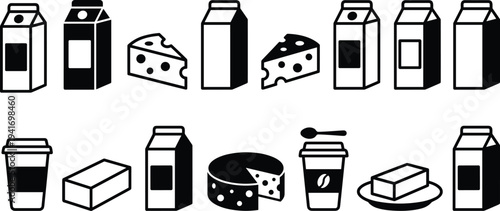 Dairy Products and Coffee Beverage Icon Set with Milk Cartons, Cheese, Butter and Cup Symbols Vector Collection