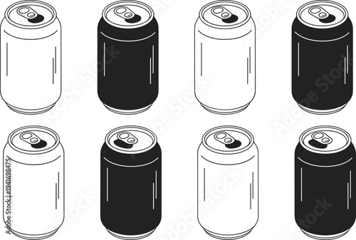 Aluminum beverage soda can vector collection with multiple styles, drink can packaging icons set, soft drink container illustration for branding, packaging design and beverage industry.
