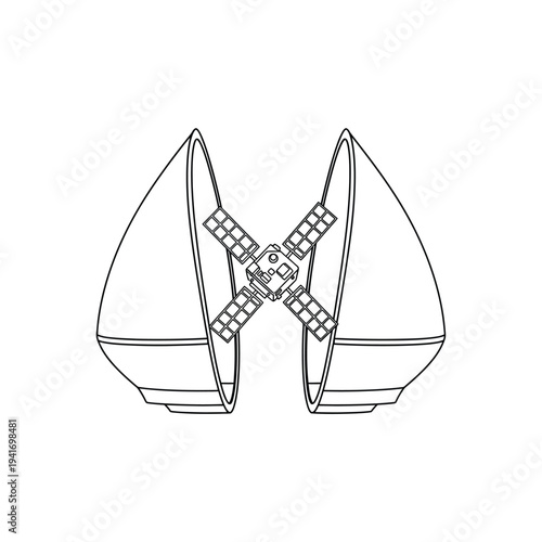Satellite deployment from rocket fairing minimalist line art for space exploration vector illustration