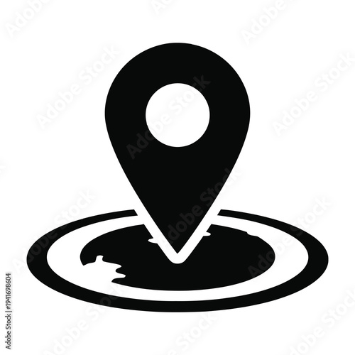 Black location pin icon on circular map with shadow on white background navigation and direction symbol simple and modern design