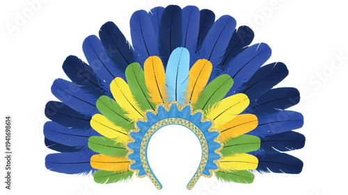 colorful feather headdress with blue green and yellow feathers for dance costume