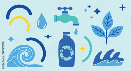 Water conservation and recycling illustration with nature elements on a light blue background flat design for environmental campaigns