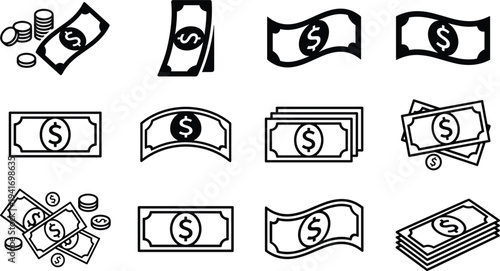 Dollar Cash Banknote Icon Set with Money Bills, Currency Symbols, Stacked Cash and Finance Payment Vector Illustration