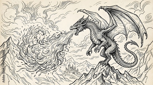 dragon breathing fire line art drawing