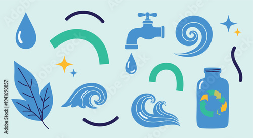 Water conservation and recycling icons on blue background flat design illustration for eco friendly concepts