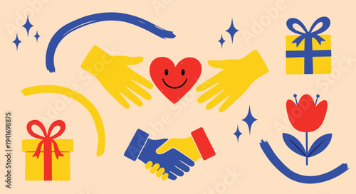 Hands holding heart gifts flower and handshake in a simple flat graphic style for community and celebration concepts