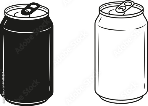 Aluminum soda can outline and silhouette vector illustration, beverage drink container icon set isolated for packaging design, soft drink branding and refreshment industry.