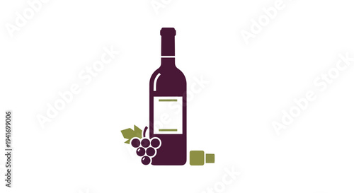 Wine Bottle with Grapes and Cork.