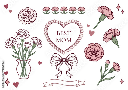 Hand drawn cute Mother's Day illustration set, loose watercolor carnations and ribbons