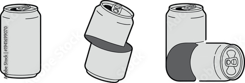 Aluminum soda can vector set with multiple positions, beverage can outline illustration, drink packaging icon collection isolated for branding, packaging design and beverage industry.
