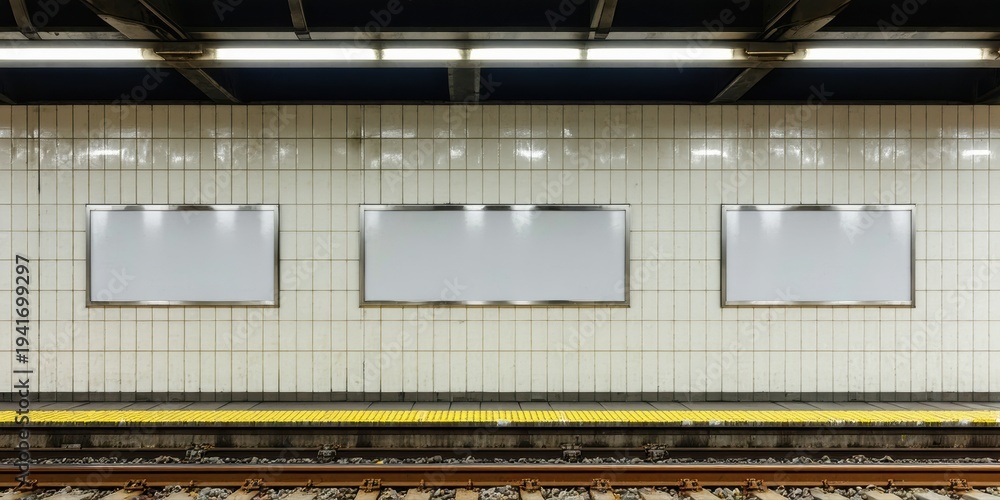 Fototapeta premium Subway station interior. Tiled walls, bright lights, blank billboards above platform. Dark background creates contrast. Minimalist aesthetic.