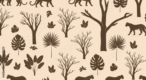 Silhouette Trees Leaves Animals Forest Pattern.