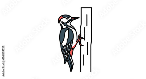 Woodpecker perched on tree trunk illustration.