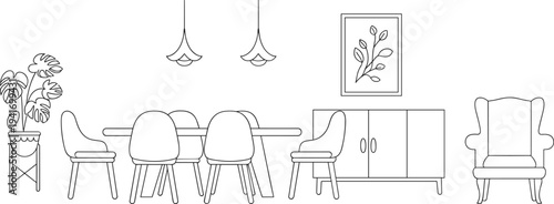 Minimalist black line art illustration of a modern dining room interior with table chairs sideboard armchair and hanging lamps isolated on white background