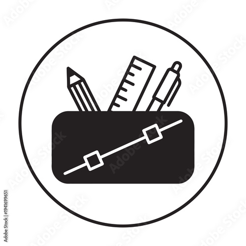 Black and white illustration of pencil case with stationery inside a circle on white background symbolizing education and creativity