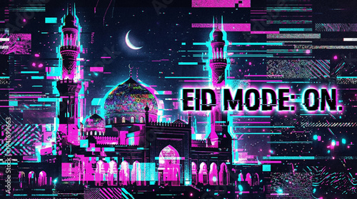 Cyberpunk Mosque: A digital masterpiece, blending tradition and future with a vibrant cityscape, showcasing a mosque under the glow of a crescent moon, radiating the spirit of Eid.