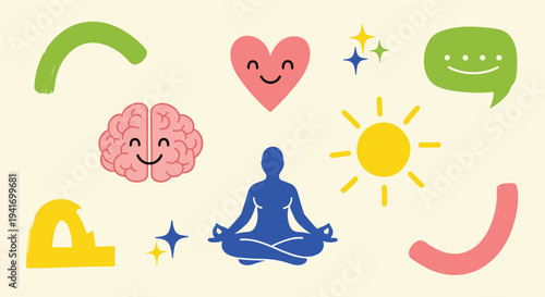 Mental wellness icons with meditating person happy brain and positive symbols flat graphic illustration for health and education