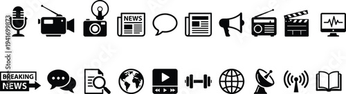Media and News Communication Icon Set with Microphone, Camera, Newspaper, Broadcast, Radio and Online Journalism Symbols
