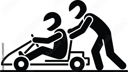 Go kart racing silhouette with mechanic pushing driver kart isolated on white background motorsport competition speed vector illustration