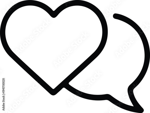Heart and chat bubble icon communication love, Minimal outline illustration of a heart and speech bubble, symbolizing love, communication, relationships, and emotional connection in a clean modern ico