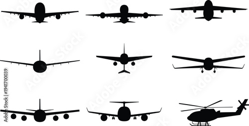 Collection of black silhouettes of various commercial airplanes private jets and a helicopter front view isolated on white background for aviation and travel design