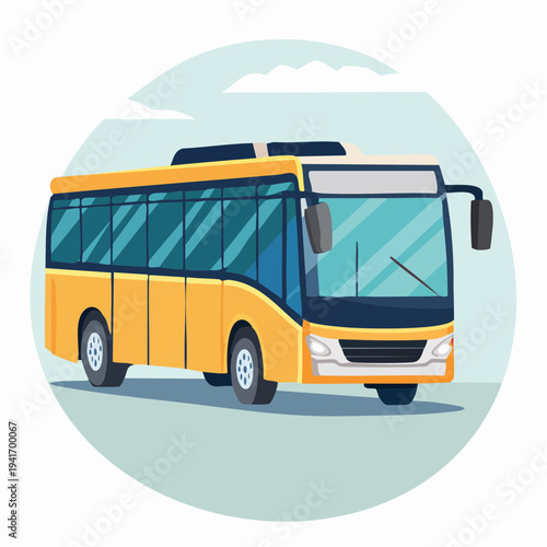 Illustration of a modern yellow passenger bus in a circular frame with sky background