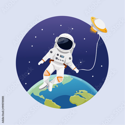 A brave astronaut floats peacefully above the Earth, connected to a small cosmic satellite, embodying human space exploration and scientific discovery