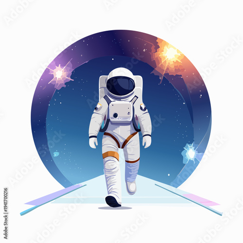 A brave astronaut strides confidently into the vast, star-filled universe, representing cosmic journeys and human ambition