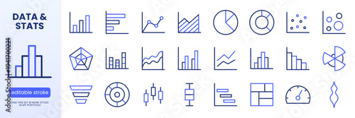Data visualization line icon set. Bar chart, pie, radar, funnel minimal vector illustrations. Simple outline signs for analytics and infographics. Blue duotone color. Editable Stroke