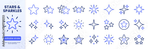 Star line icon set. Sparkle, twinkle, award, glitter, and burst minimal vector illustrations. Simple outline signs for glow and shine concepts. Blue duotone color. Editable Stroke