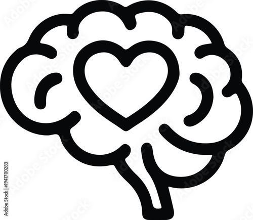 Brain With Heart Symbol Emotional Intelligence Icon, Minimal line icon of a brain with heart center representing emotional intelligence, empathy, mental health, compassion, and mindful thinking concep