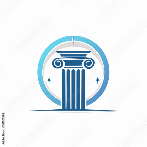 A symbol of justice and law, represented by a classic ionic pillar within a circular emblem