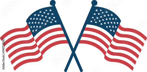 Crossed American flags vector illustration, patriotic USA symbol with stars and stripes for independence day celebration, national pride design, political and holiday decoration.