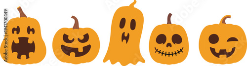 Cute Halloween pumpkin and ghost character set with spooky faces, cartoon jack o lantern icons collection for holiday decoration, party design and seasonal illustration.