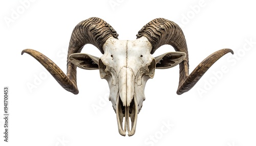 Ram's skull with textured horns, centered on a white background, detailed bone structure and curved horn shape