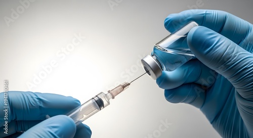 Medical professional hands in blue gloves drawing vaccine from vial. Concept for World Health Day, immunization programs, and clinical healthcare excellence in hos
