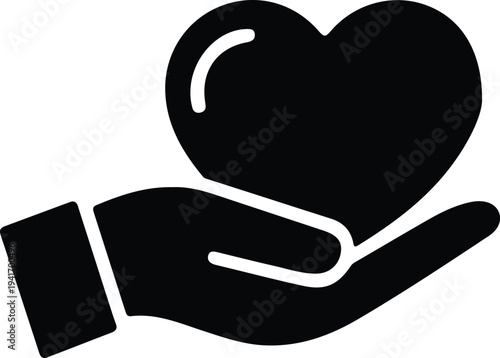 Hand holding heart icon representing love, care, charity and compassion concept, minimalist black silhouette support symbol isolated on white background vector illustration
