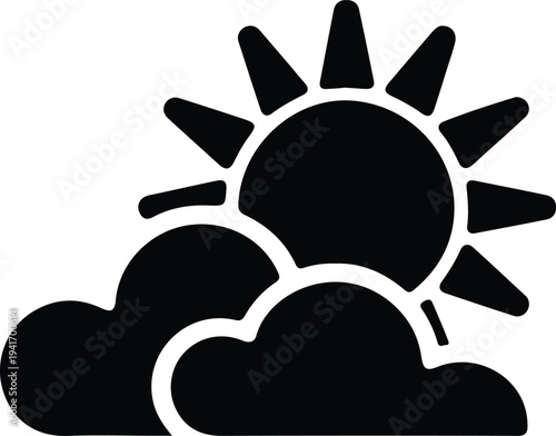 Sun behind clouds weather icon representing partly cloudy forecast, climate conditions and meteorology concept, minimalist black silhouette isolated on white background vector illustration