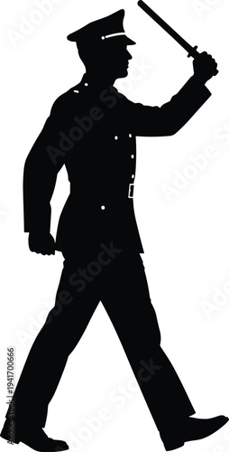 Police officer silhouette marching with baton isolated on white background authority security law enforcement guard patrol vector illustration uniform discipline